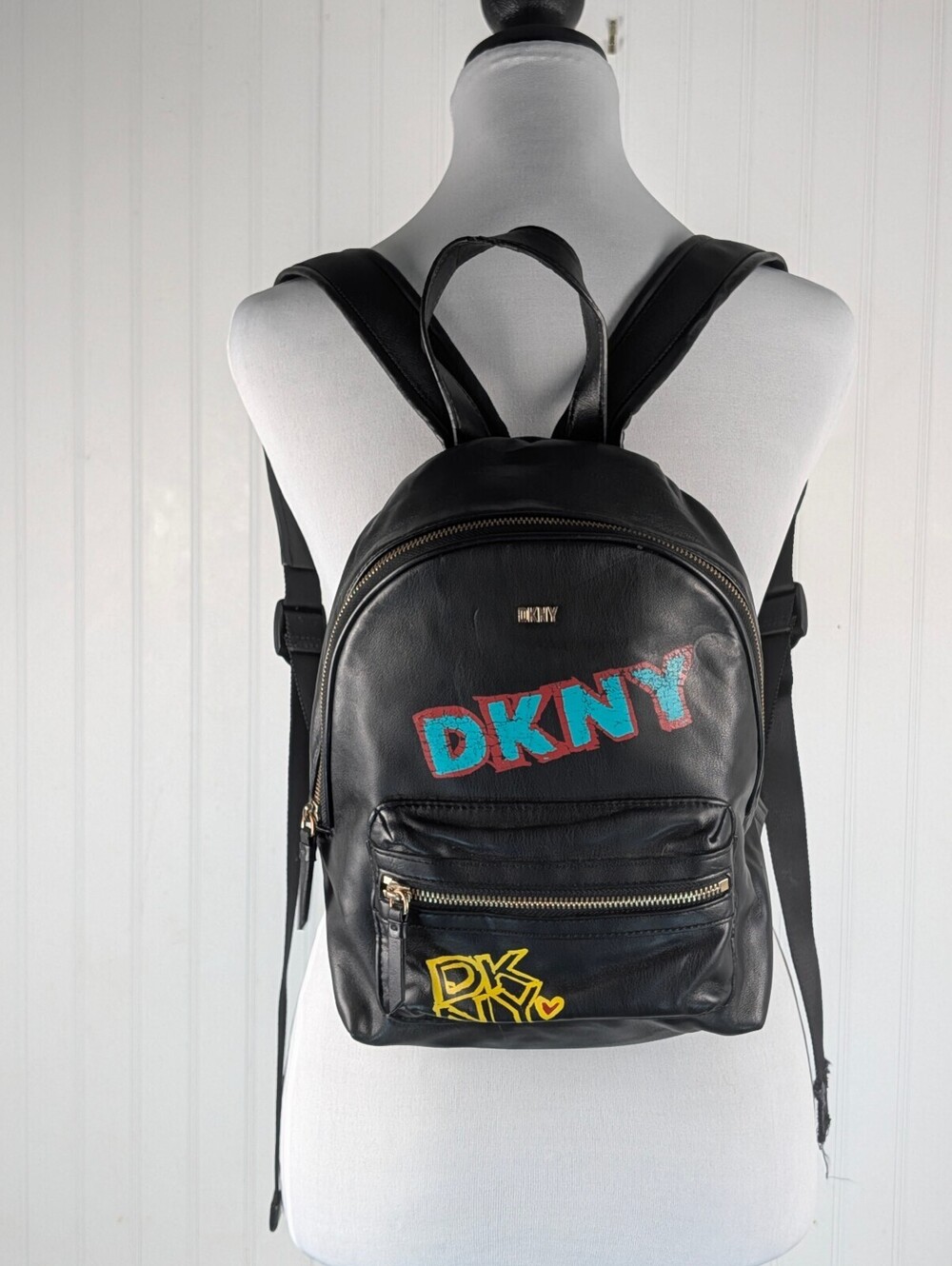 DKNY Casey Medium Faux Leather Graffiti Logo Backpack – Black Multicolor